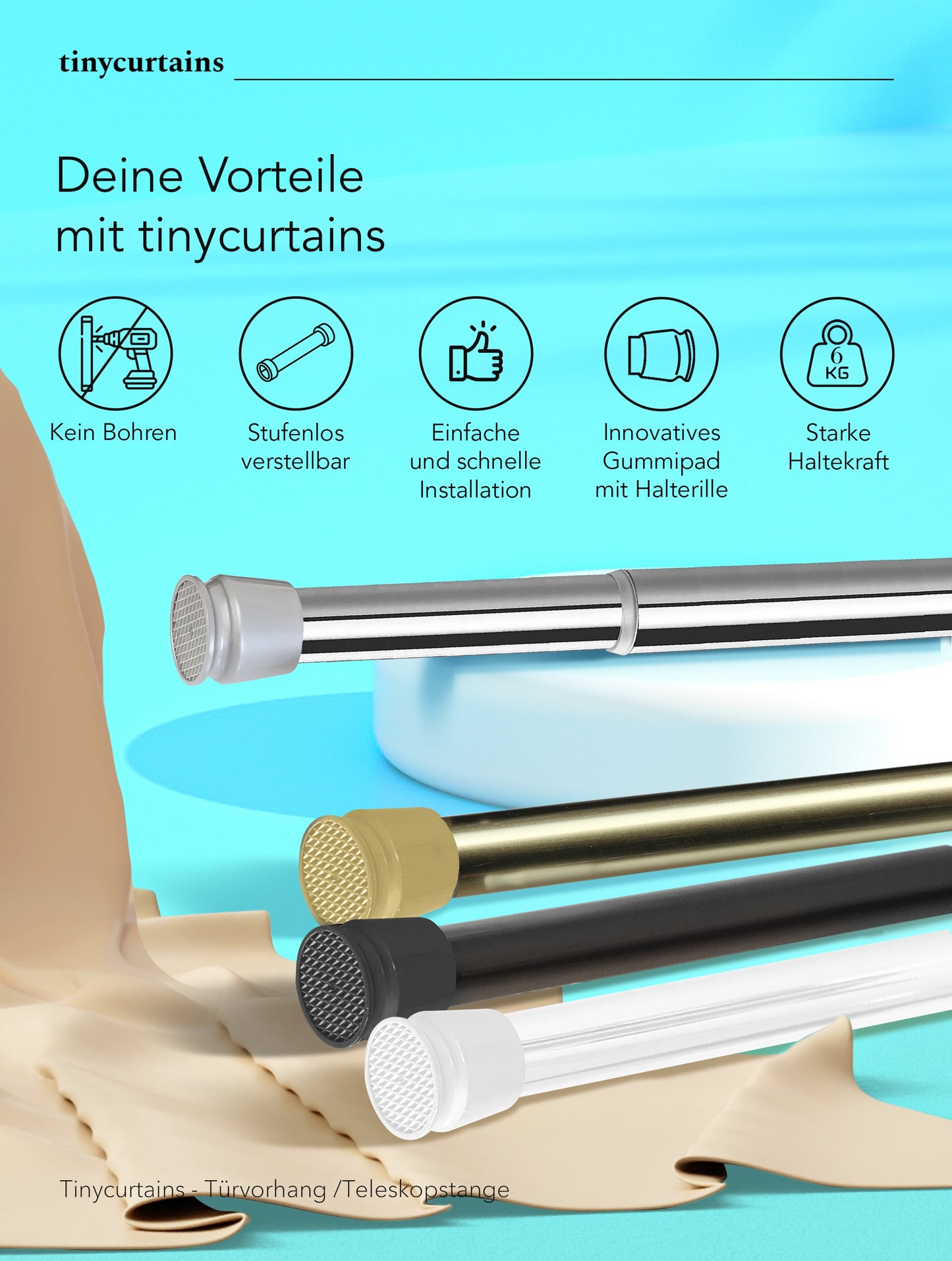 Premium telescopic rod, 1-minute assembly without drilling, as a shower curtain rod, for closet systems &amp; niches, perfect fit &amp; elegance meets functionality